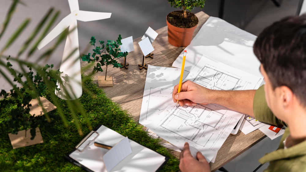 Architect drawing architectural design permit plans with miniature building models and drafting tools