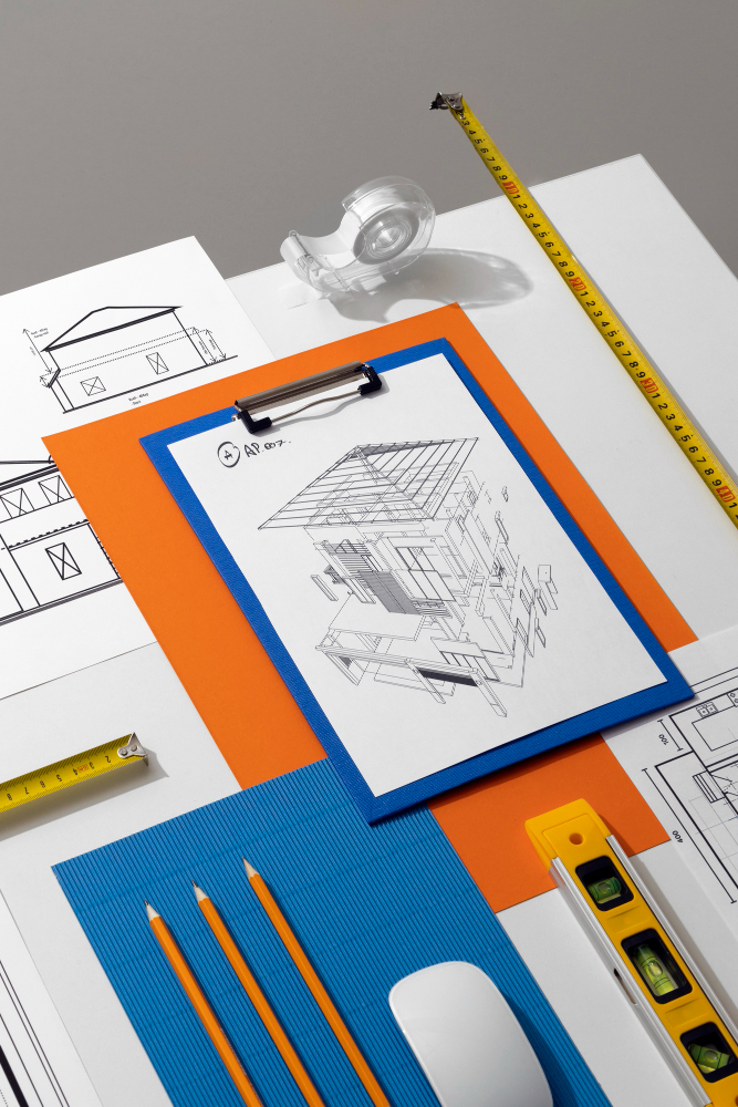 Architect preparing legal basement permit drawings with tools and blueprints